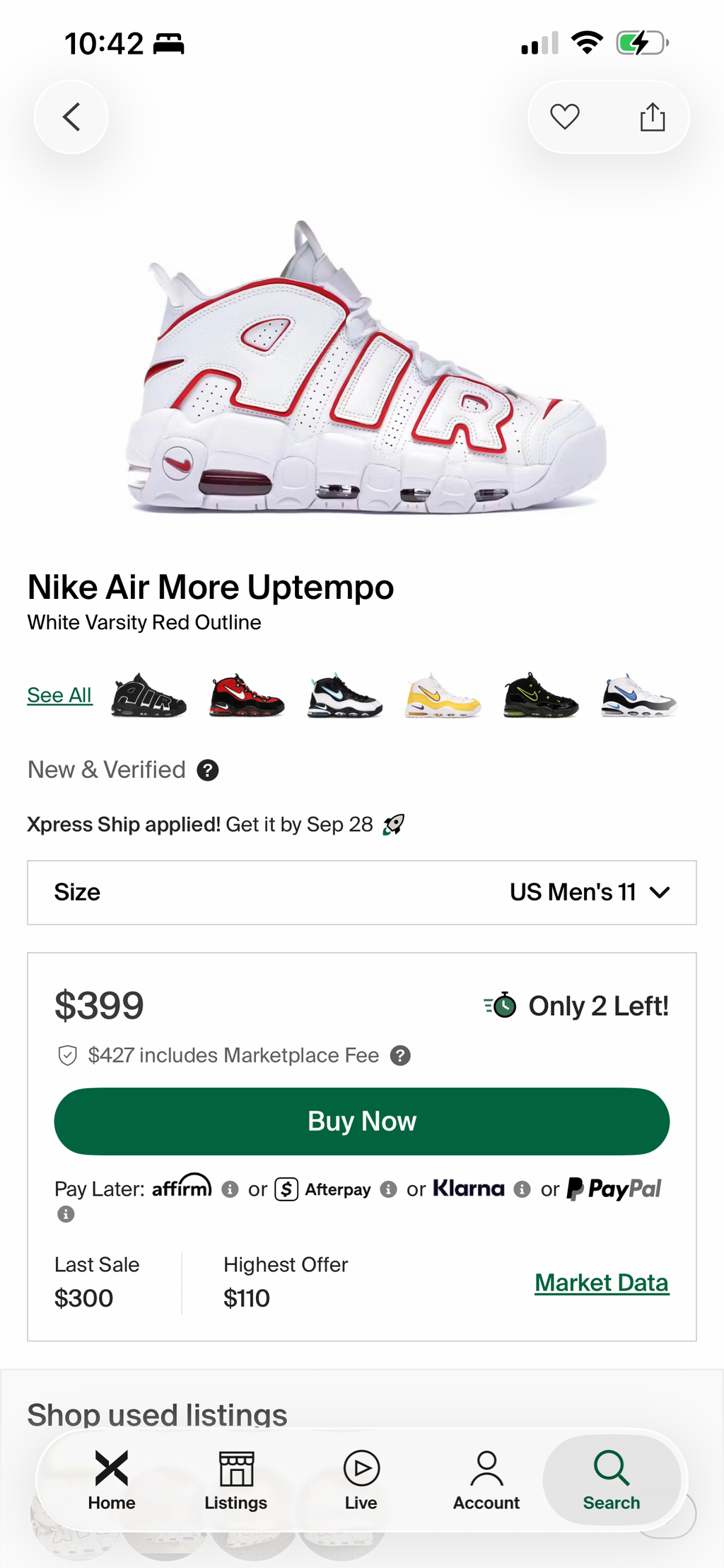 Nike Air More Uptempo "White Varsity Red Outline" (11M) *Pre-Loved*