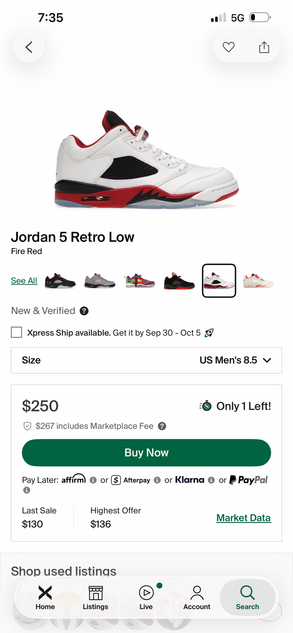 Air Jordan 5 Low “Fire Red” (8.5M) *Pre-Loved*
